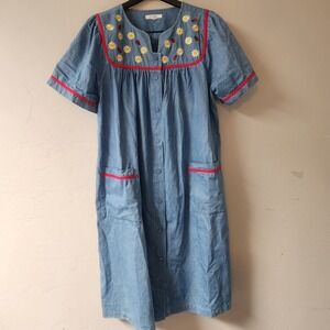 Go Softly Patio Dress Size L Blue Loungewear Embroidered Daisy Ladybug Chambray